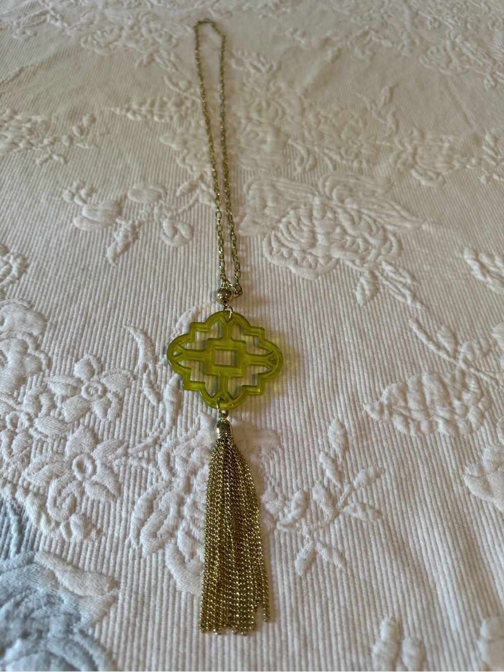 Gold Tassel Pendant Necklace with Lime Green Accent